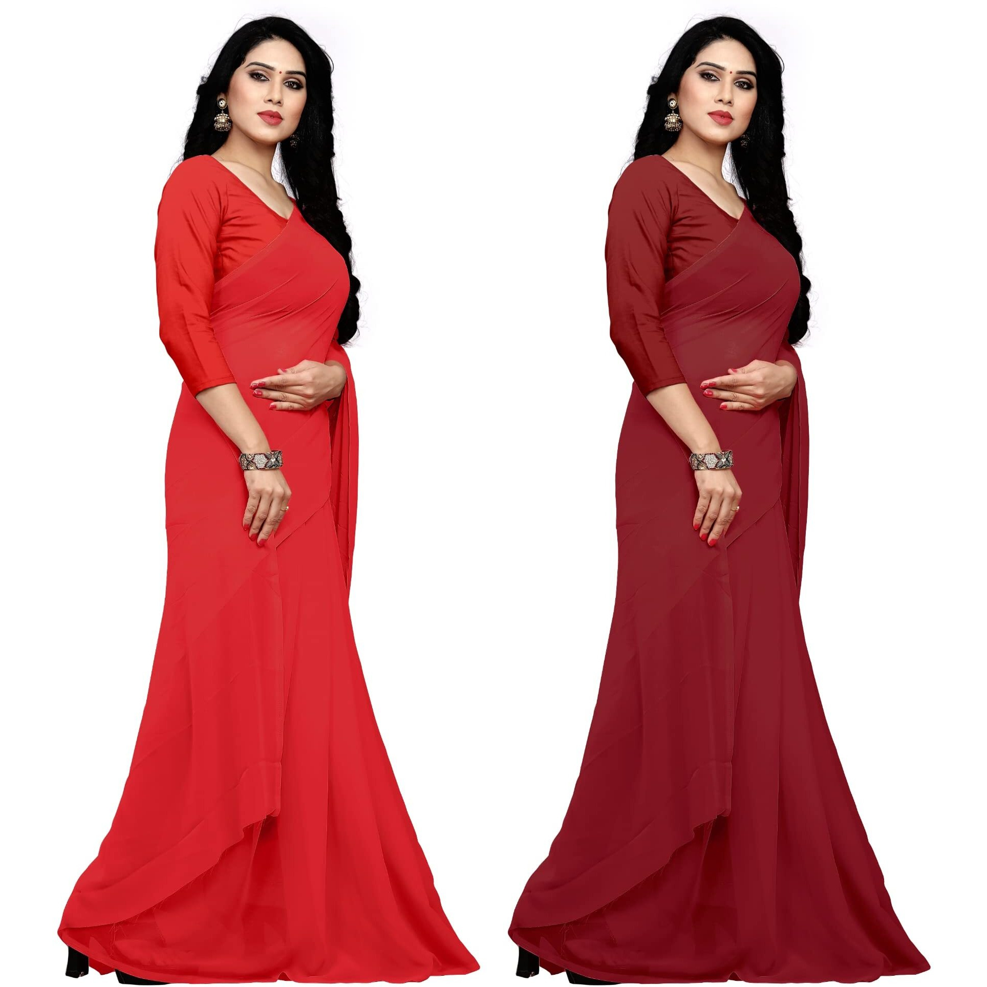 Sidhidata Textile Combo of 2 Womens plain Solid pure Georgette Saree With Unstitched Blouse Piece (Pack of Two) (Combo plain red-maroon_Red & maroon_Free Size)