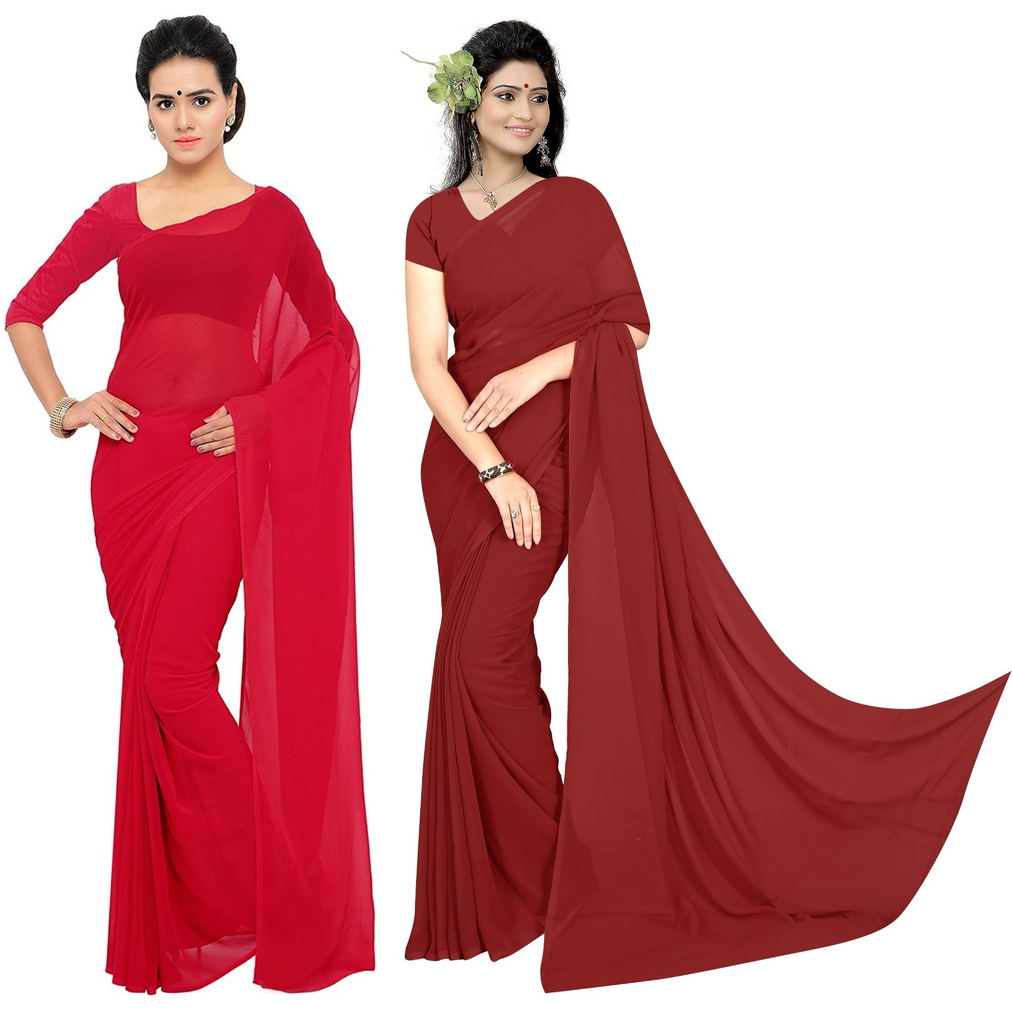 Sidhidata Textile Combo of 2 Womens plain Solid pure Georgette Saree With Unstitched Blouse Piece (Pack of Two) (Combo plain red-maroon_Red & maroon_Free Size)