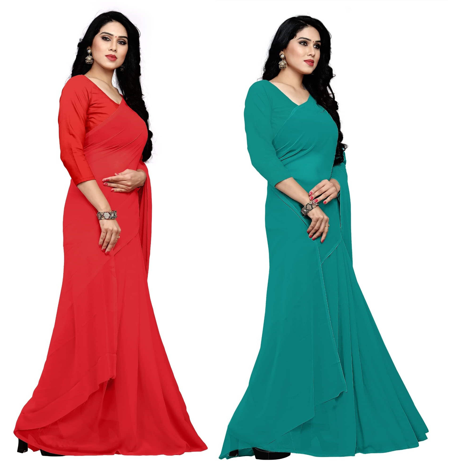 Sidhidata Textile Combo of 2 Womens plain Solid pure Georgette Saree With Unstitched Blouse Piece (Pack of Two) (Combo plain red-dark firozi_Red & dark firozi_Free Size)