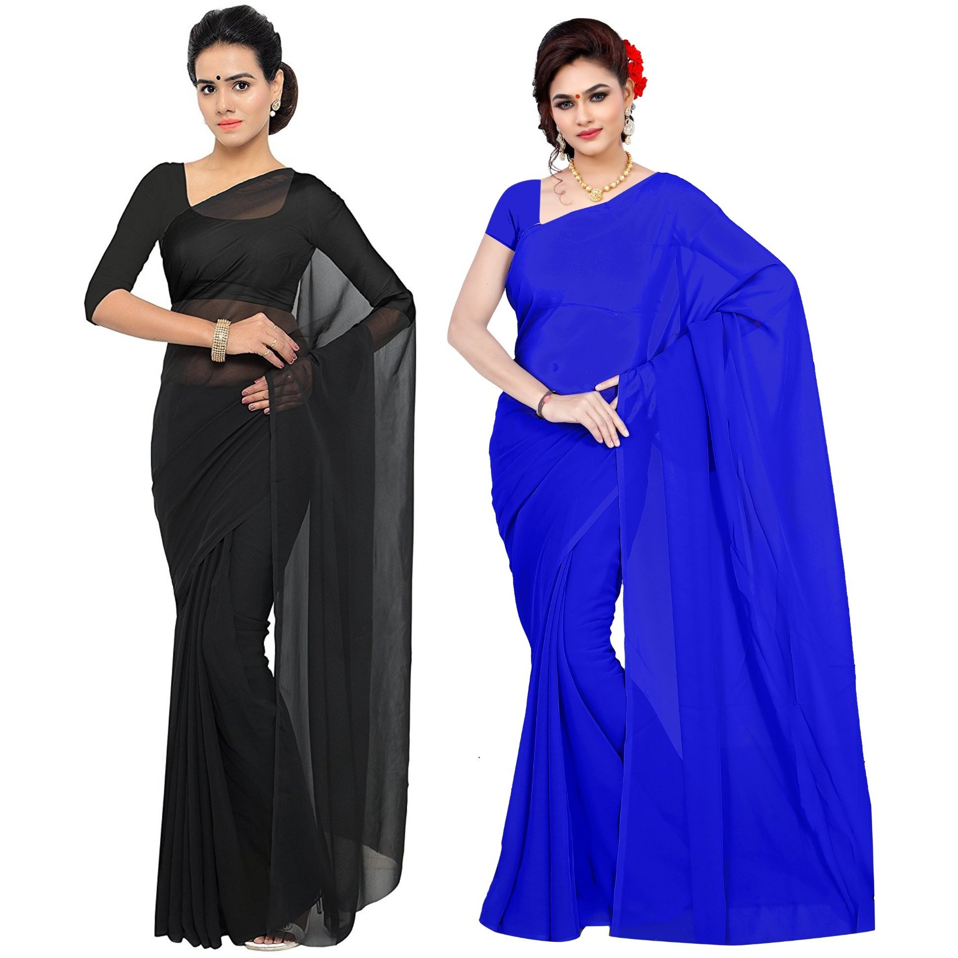 Sidhidata Textile Combo of 2 Womens plain Solid pure Georgette Saree With Unstitched Blouse Piece (Pack of Two) (Combo plain black-royal blue_Black & royal blue_Free Size)