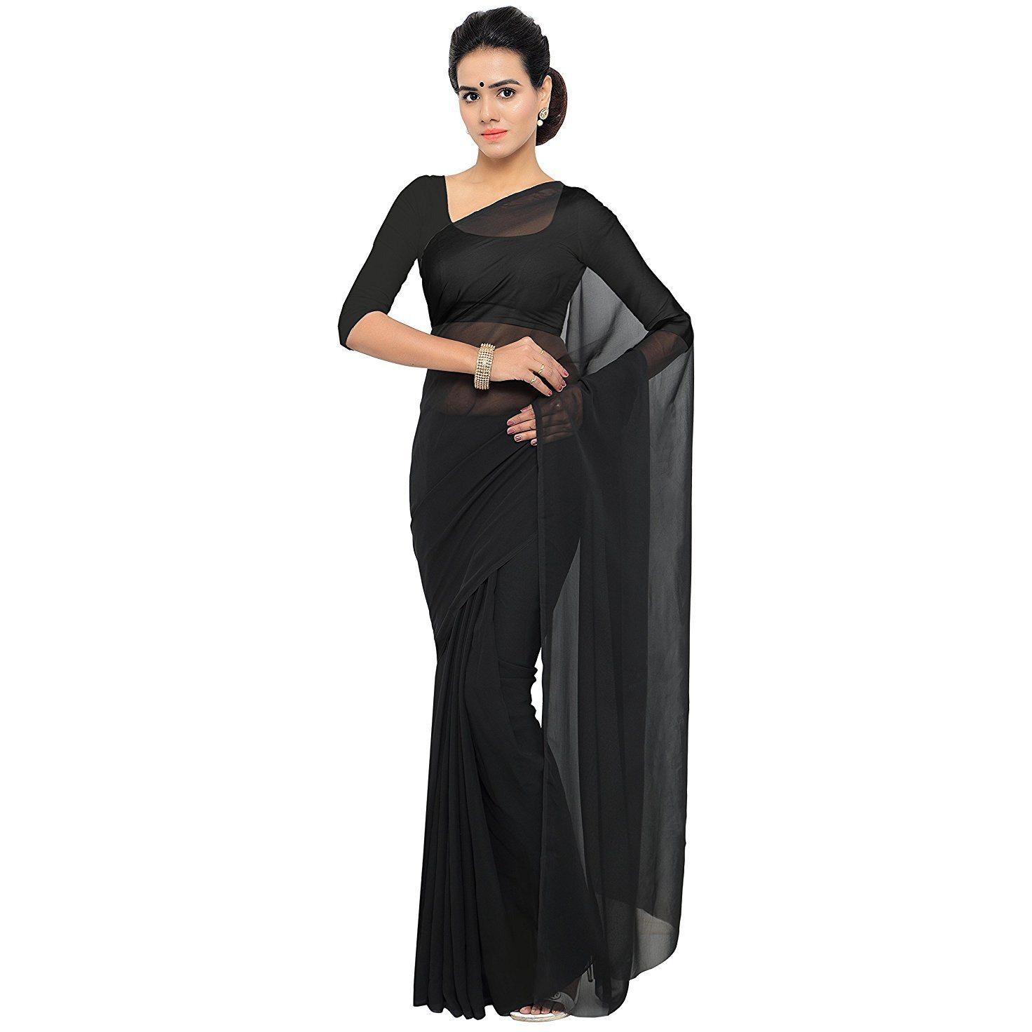 Sidhidata Textile Combo of 2 Womens plain Solid pure Georgette Saree With Unstitched Blouse Piece (Pack of Two) (Combo plain black-royal blue_Black & royal blue_Free Size)