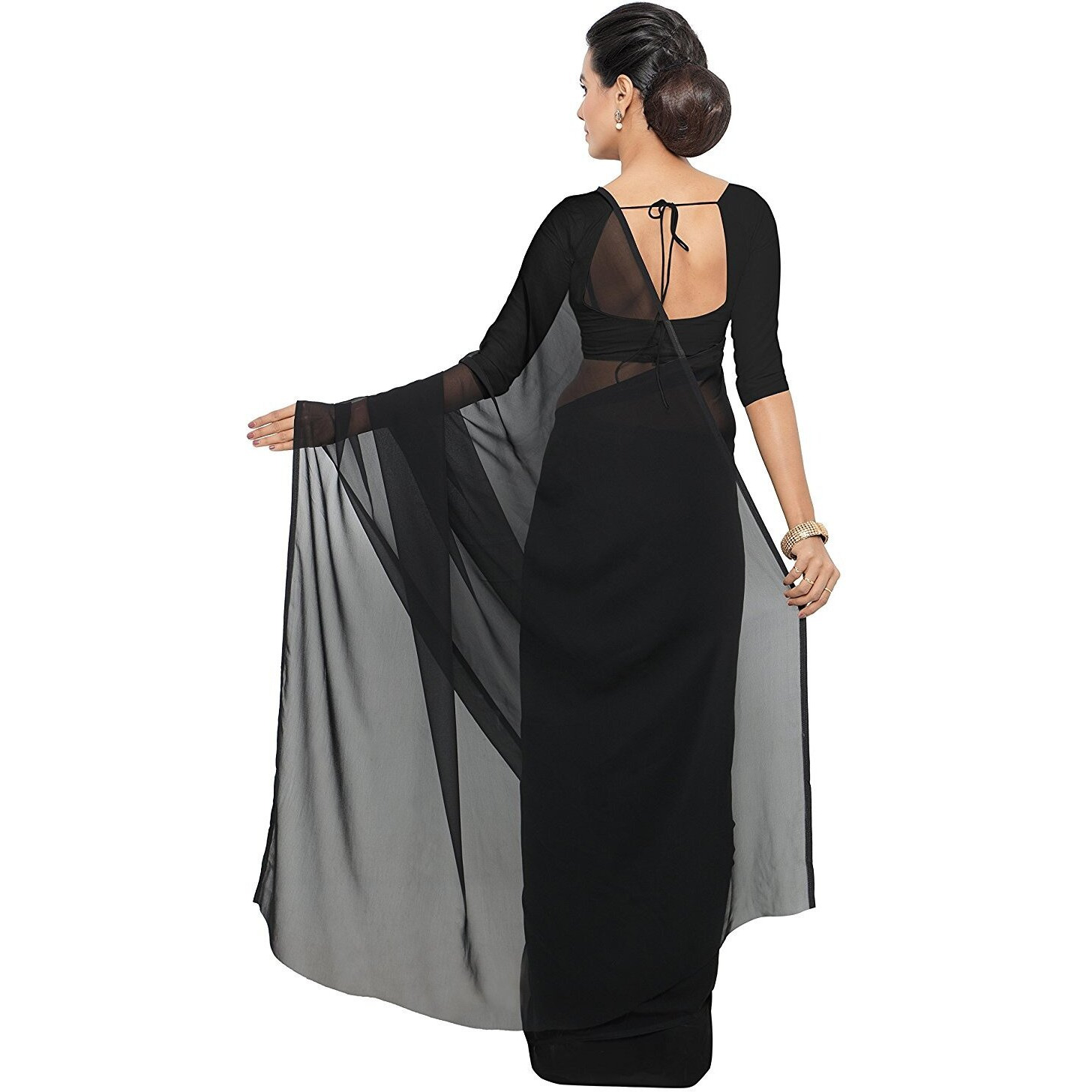 Sidhidata Textile Combo of 2 Womens plain Solid pure Georgette Saree With Unstitched Blouse Piece (Pack of Two) (Combo plain black-royal blue_Black & royal blue_Free Size)