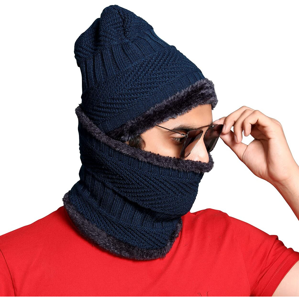 Sidhidata Textile Mens Fashion Winter wear Neck & Hat Warm Beanies Soft Fur Inside Knitted Hats and Cap combo (Free Size_Blue)