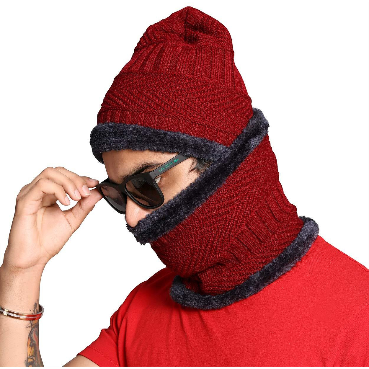 Sidhidata Textile Mens Fashion Winter wear Neck & Hat Warm Beanies Soft Fur Inside Knitted Hats and Cap combo (Free Size_Red)