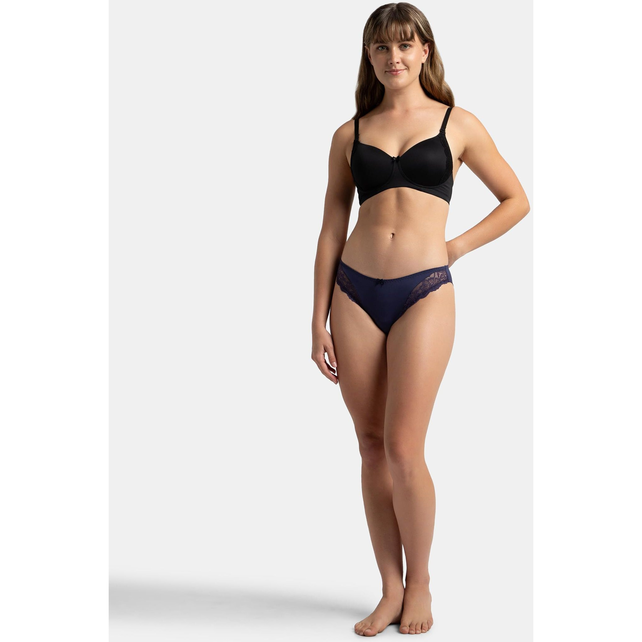 Jockey 1813 Womens Medium Coverage Soft Touch Microfiber Nylon Elastane Stretch Mid Waist Lace Styled Bikini with StayFresh Treatment_Classic Navy_XL