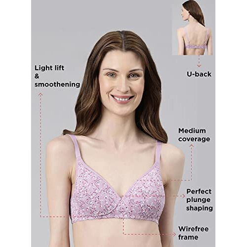 Enamor Womens Cotton Wire Free Casual T-Shirt Padded Non Wired Bra (A039_Lilac Aster_32B)