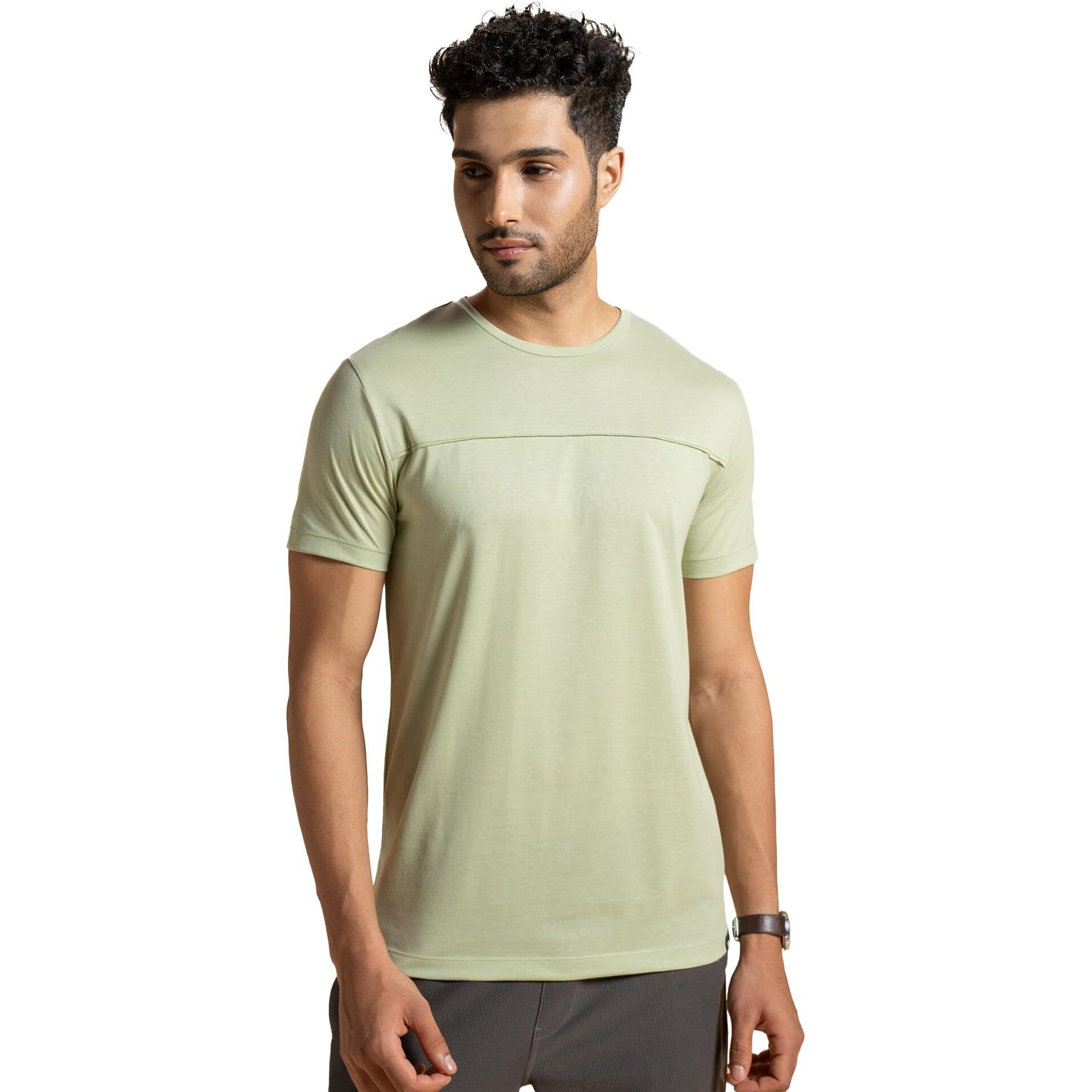 DAMENSCH Breeeze Regular Fit Ultralight Solid T-Shirts Shorts for Men | Premium combed cotton vortex blend superior gold finish- Muted Sage-L