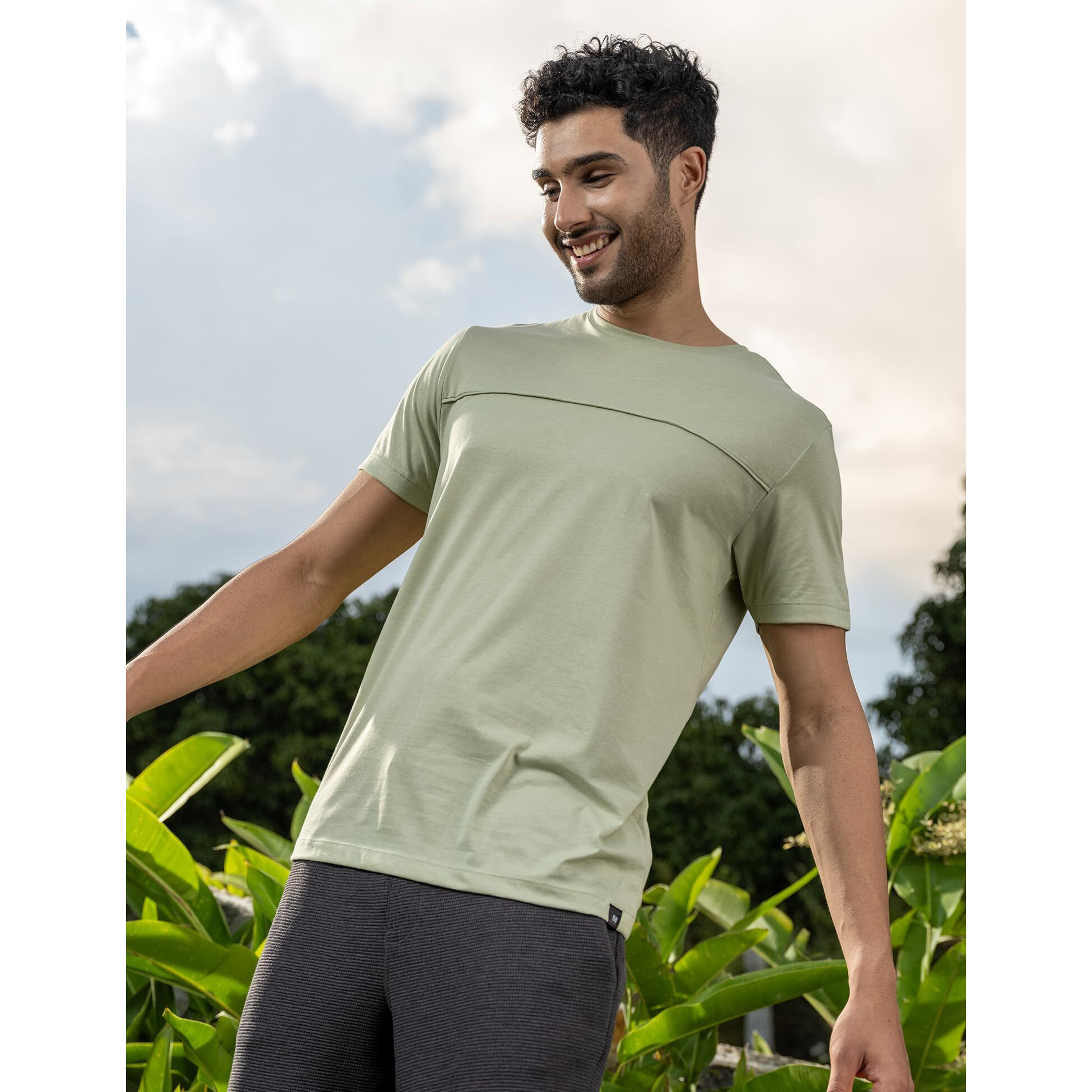 DAMENSCH Breeeze Regular Fit Ultralight Solid T-Shirts Shorts for Men | Premium combed cotton vortex blend superior gold finish- Muted Sage-L