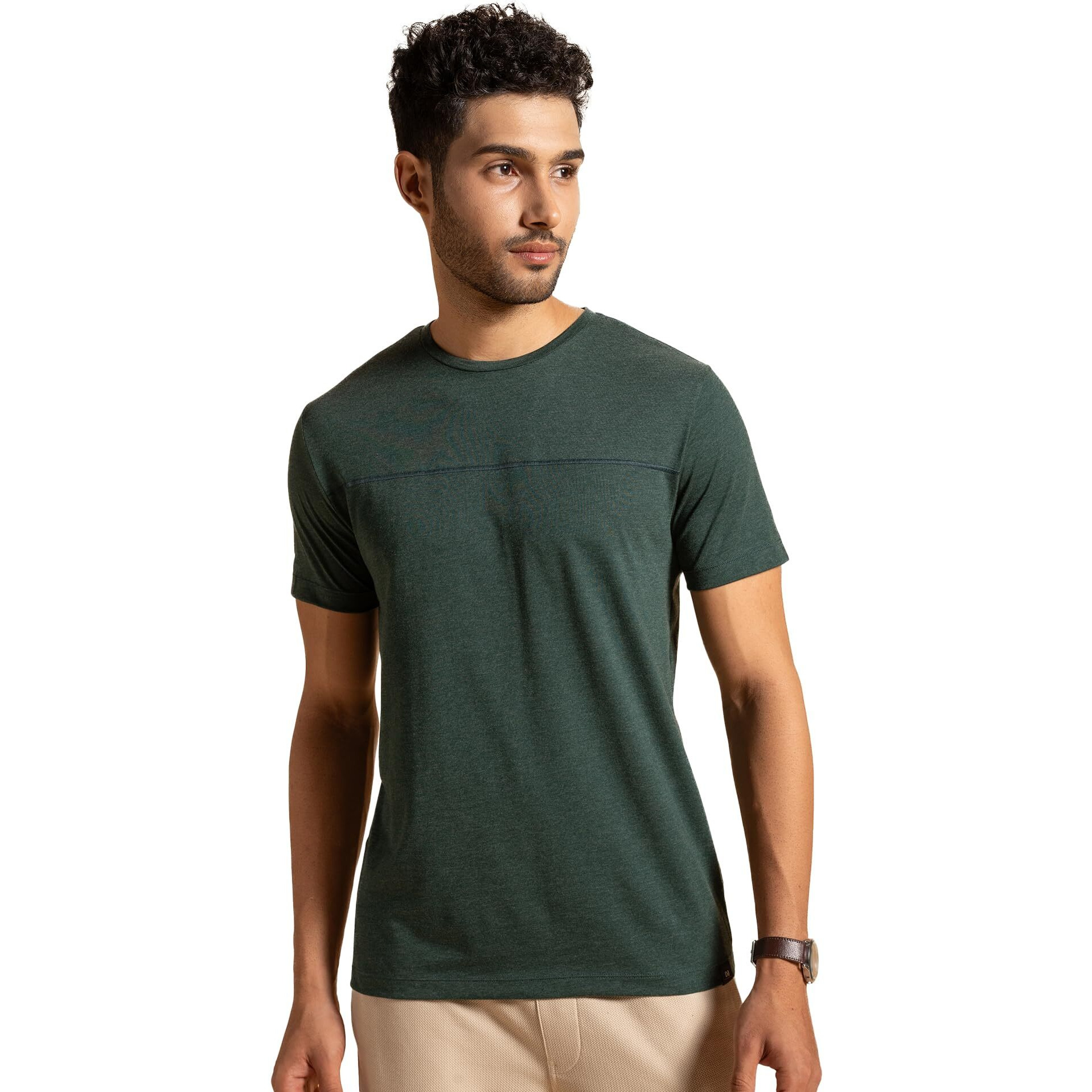 DAMENSCH Breeeze Regular Fit Ultralight Melange T-Shirts Shorts for Men | Premium combed cotton vortex blend superior gold finish- Bottle Green-L