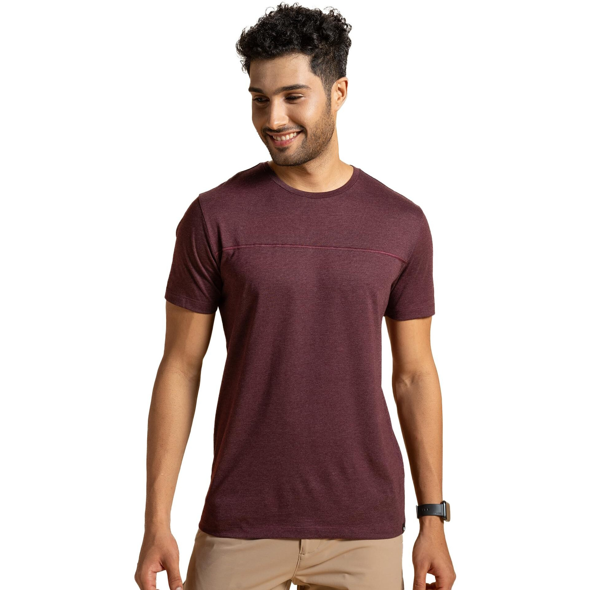 DAMENSCH Breeeze Regular Fit Ultralight Melange T-Shirts Shorts for Men | Premium combed cotton vortex blend superior gold finish- Wisdom Wine-L