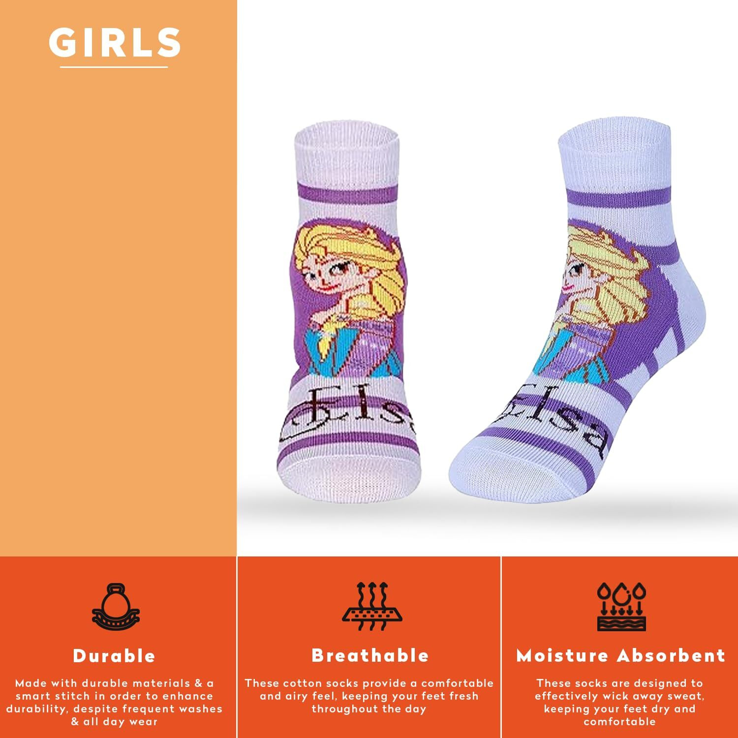 Supersox Ankle Frozen Character Socks for Girls Made with Breathable Anti Odour & Moisture Absorbent Combed Cotton with a Extra Durable Welt Ideal For All Day Wear (Pack Of 5)