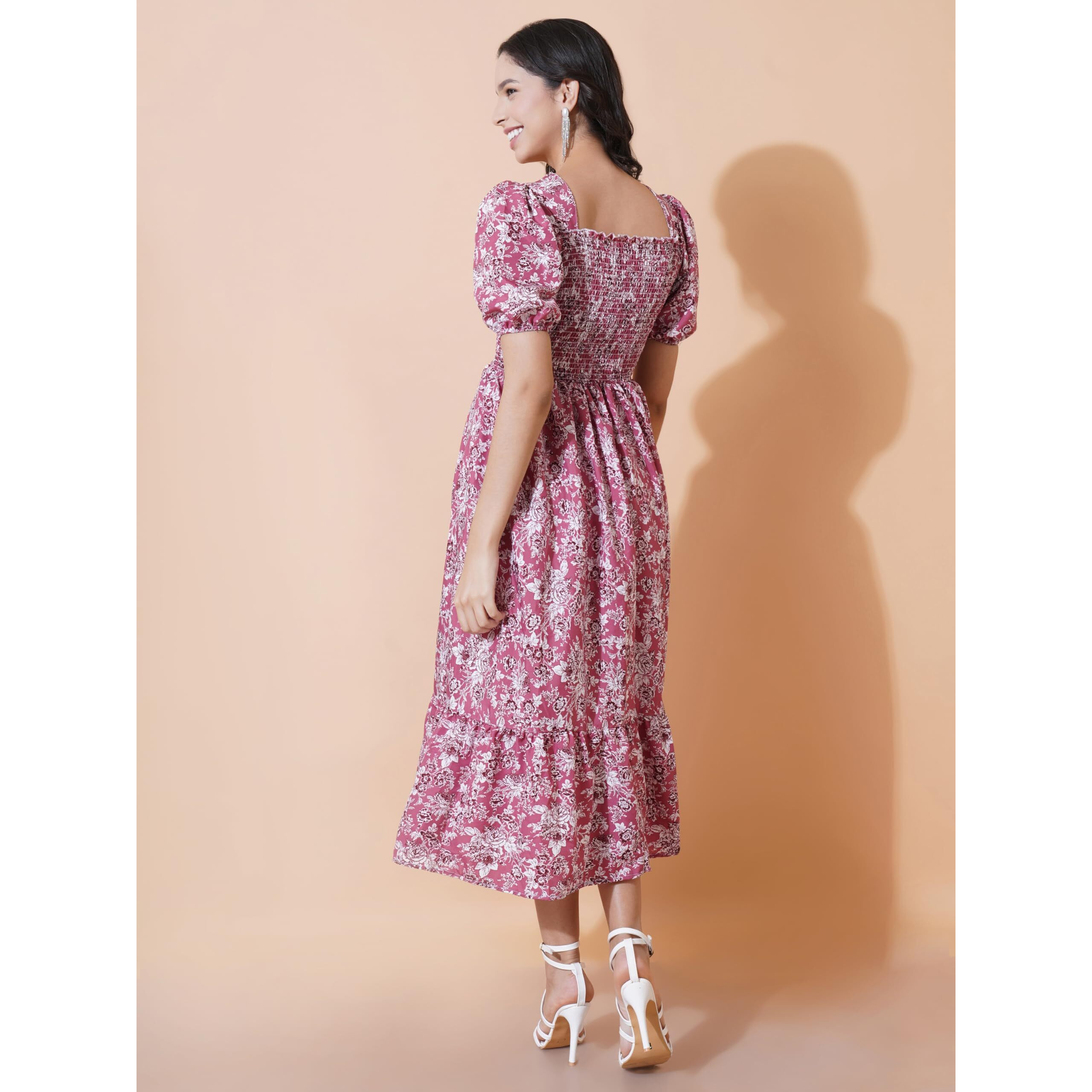 KZULLY | Elegance Smocked A-line Midi Dress - Superior Comfort & Chic Style Dark Pink