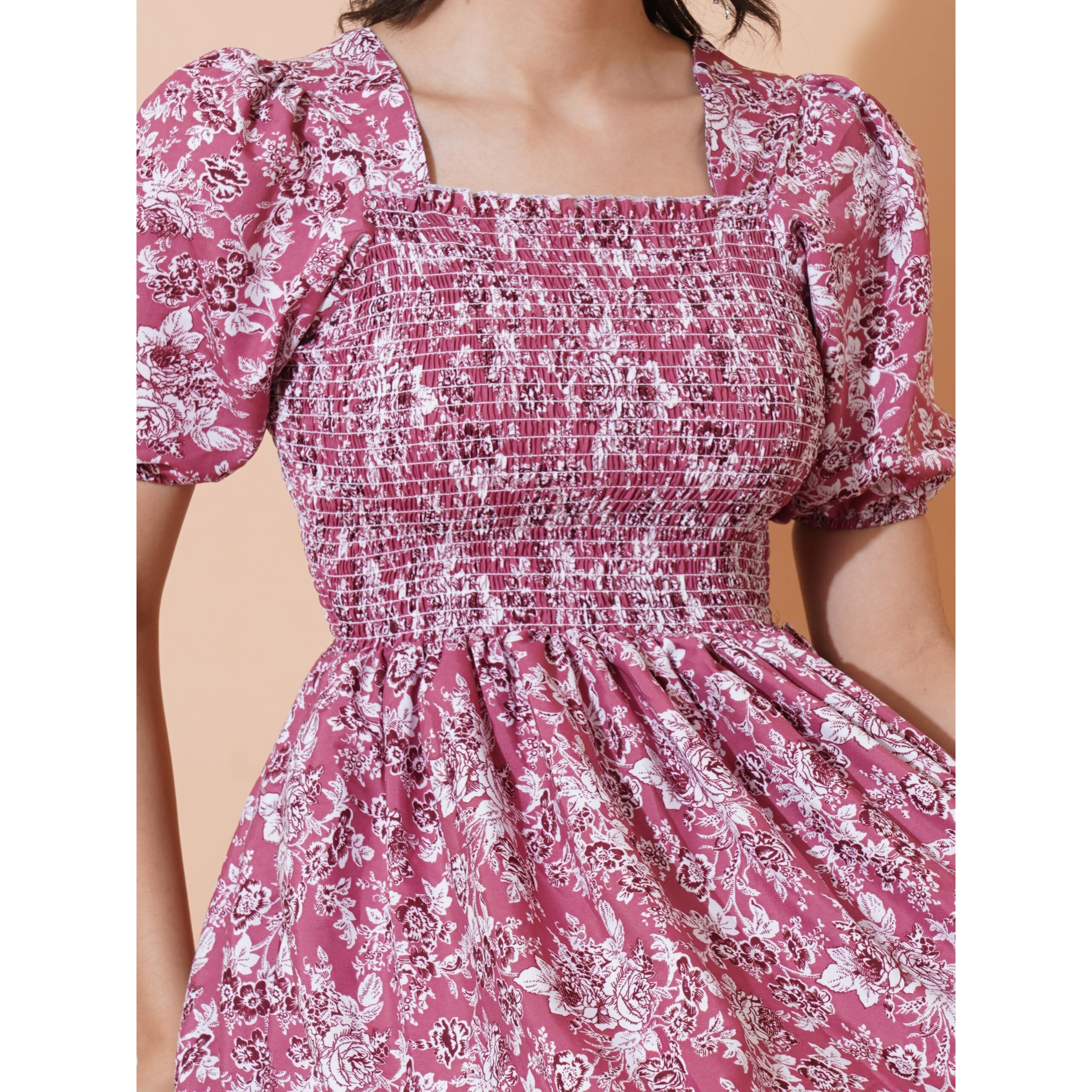 KZULLY | Elegance Smocked A-line Midi Dress - Superior Comfort & Chic Style Dark Pink