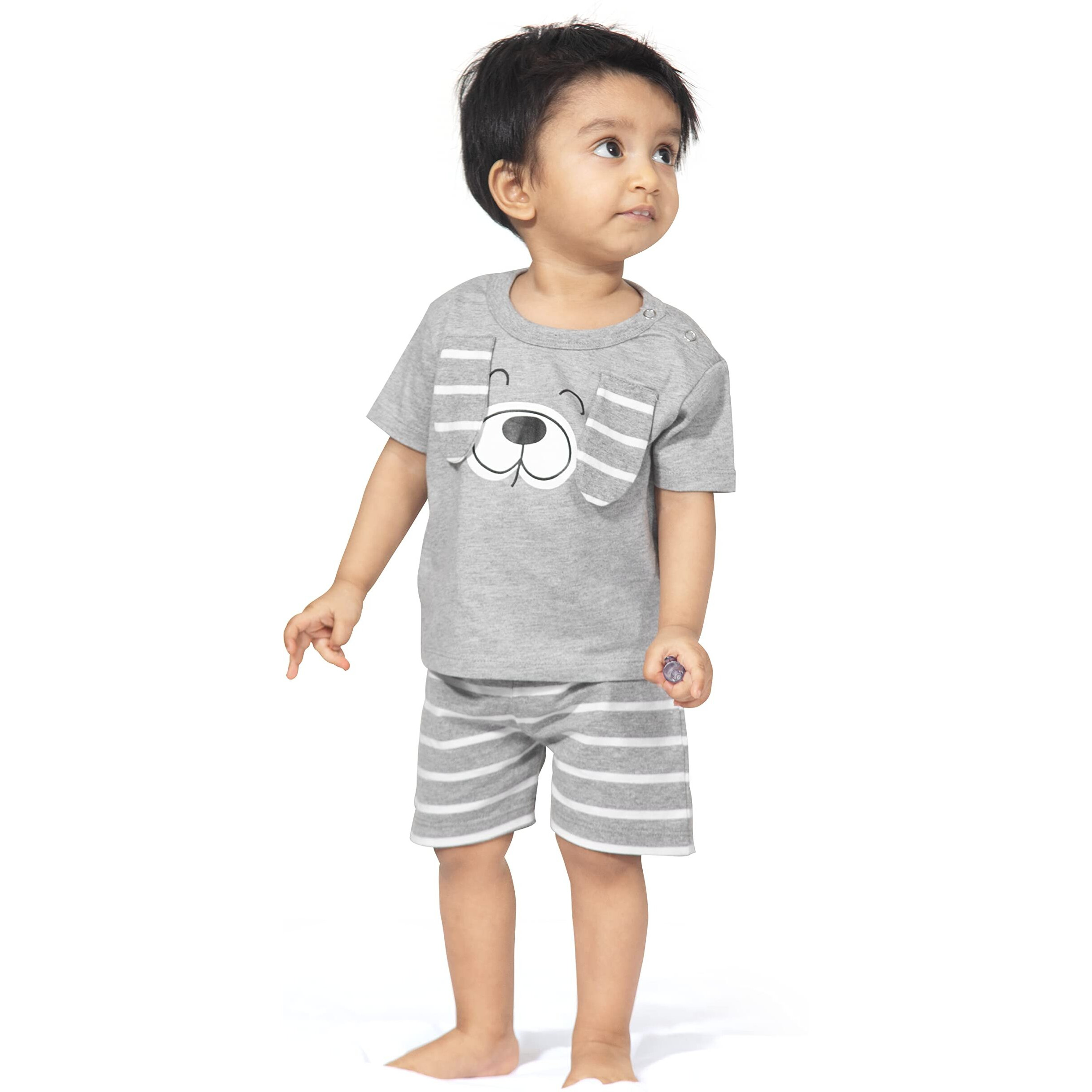 ARIEL Baby Boys & Baby girls Cotton Printed Round Neck Half Sleeve T-shirt & Short Trendy Summer Clothing Sets(AR-BHALFSS-NB-Grey-Dog_Multicolor_New Born)