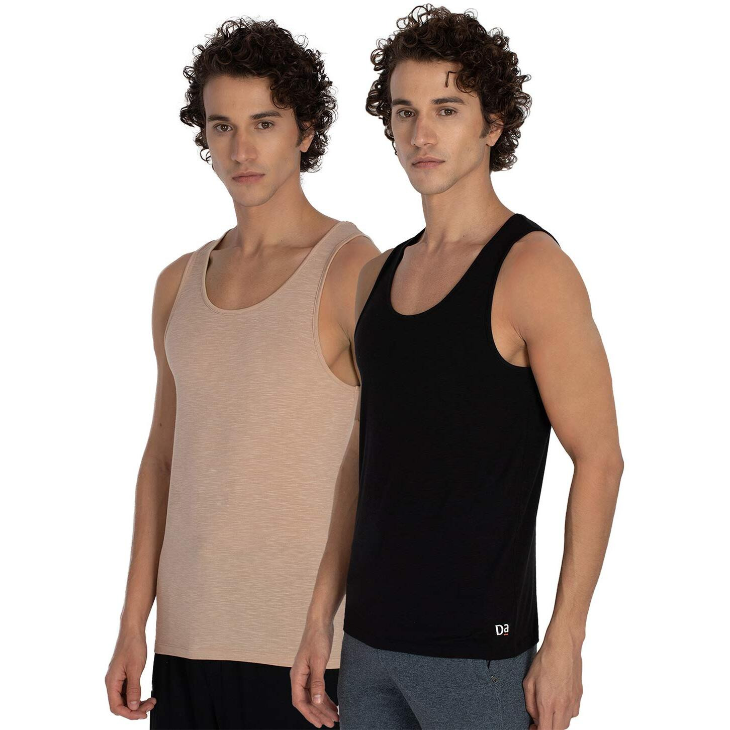 DAMENSCH Mens NEO-SKIN Anti-Microbial Slub Vest- Anti-odor-Bamboo Rayon Fabric- Round Neck- Pack of 2- Natural Black Breezy Beige- X-large