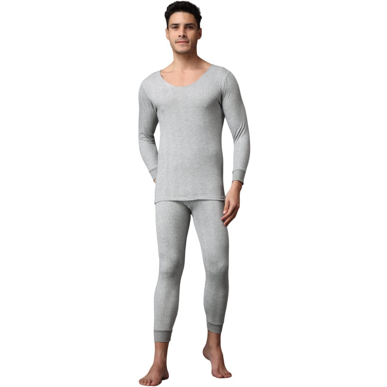 Wearslim Mens Cotton Quilted Winter Lightweight Thermal Underwear Long Johns Set with Fleece Lined Soft Tailored Fit Warmer - Light Grey (3XL)