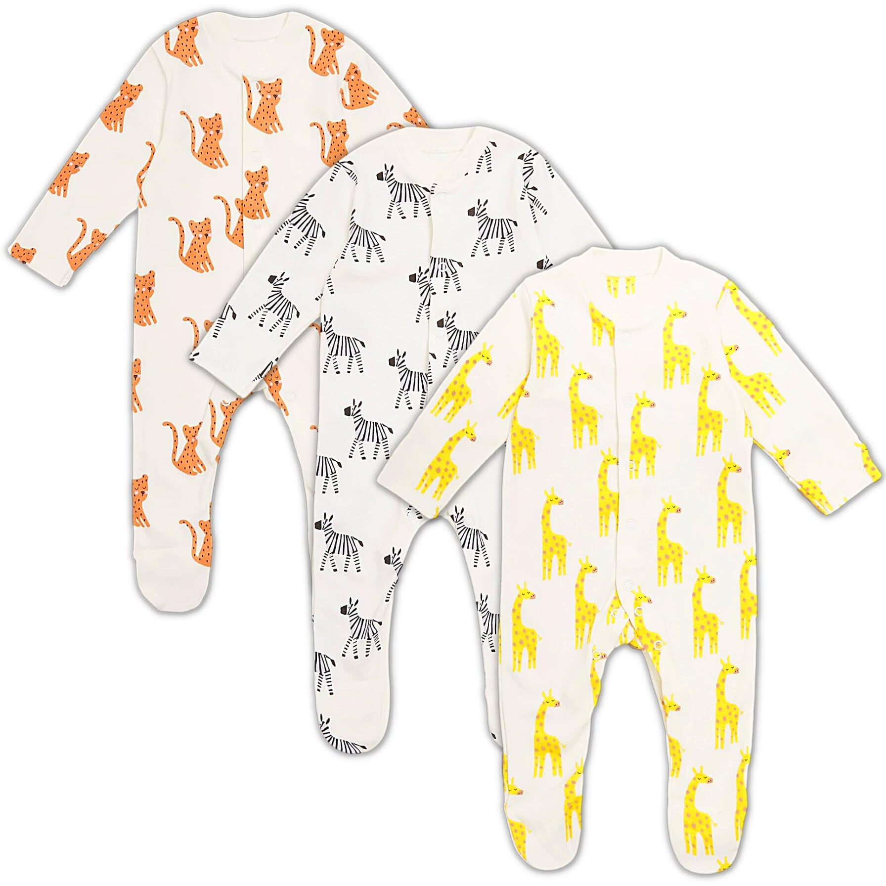 TuddyBuddy Babys 100% Cotton Multi Color Sleepsuit/Onesie/Footed Romper (3 Pcs Sleepsuits - Off Whites Animals - 9-12 Months)