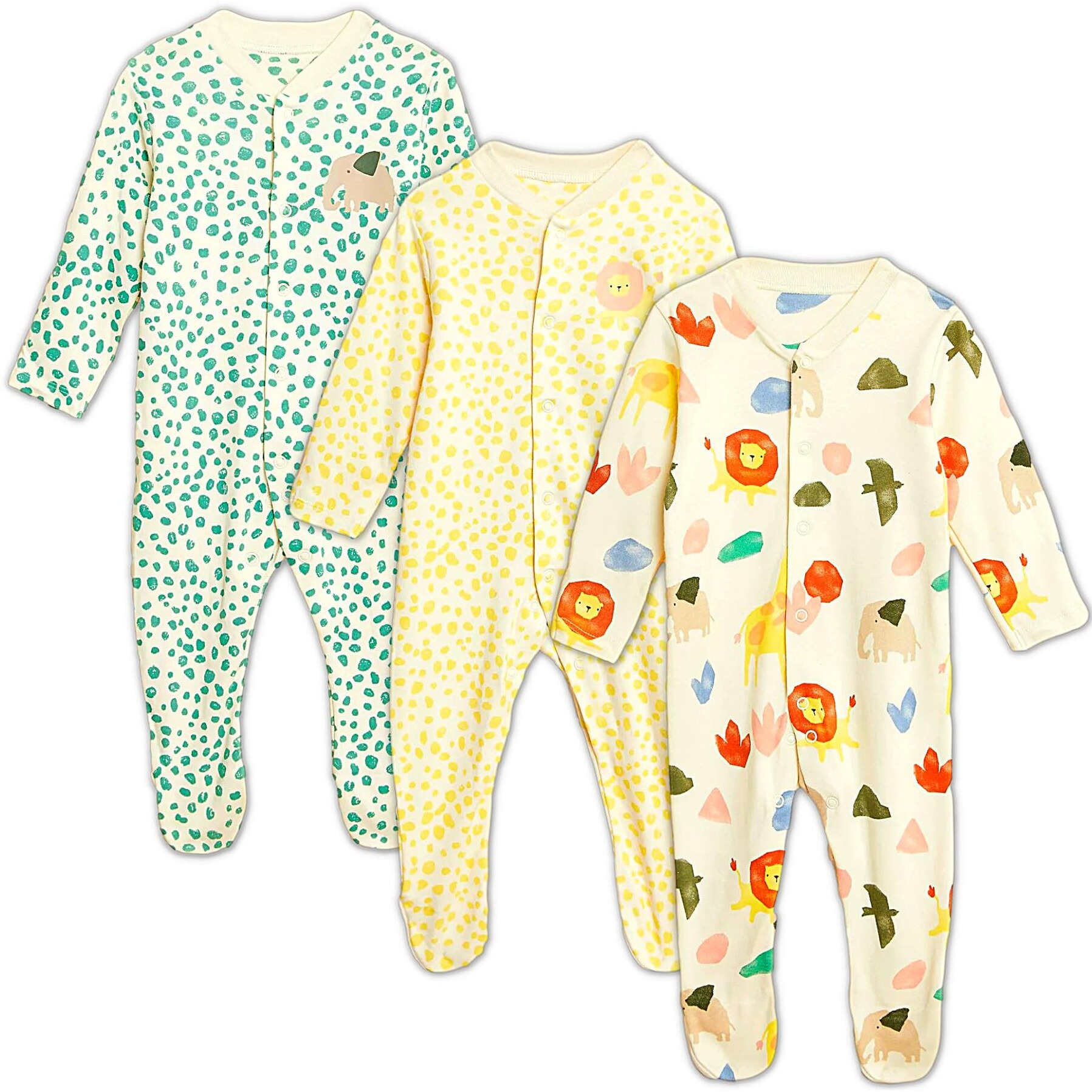 TuddyBuddy 100% Cotton Multi Color Zipper Romper Sleepsuit/Romper/Jumpsuit for Baby Boy (3 Pcs Sleepsuit 6 Months-9 Months Lions & Dots)