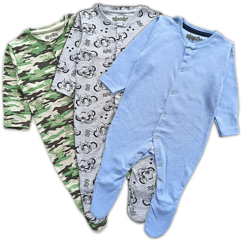 TuddyBuddy 100% Organic Cotton Multi Color Sleepsuit/Onesie/Romper for Baby Boy & Baby Girl (Pack of 3 Sleepsuits - Camouflage Grey AOP & Sky Blue 3-6 Months)