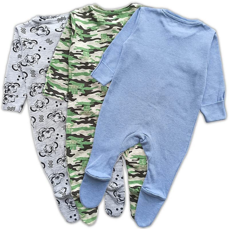 TuddyBuddy 100% Organic Cotton Multi Color Sleepsuit/Onesie/Romper for Baby Boy & Baby Girl (Pack of 3 Sleepsuits - Camouflage Grey AOP & Sky Blue 3-6 Months)