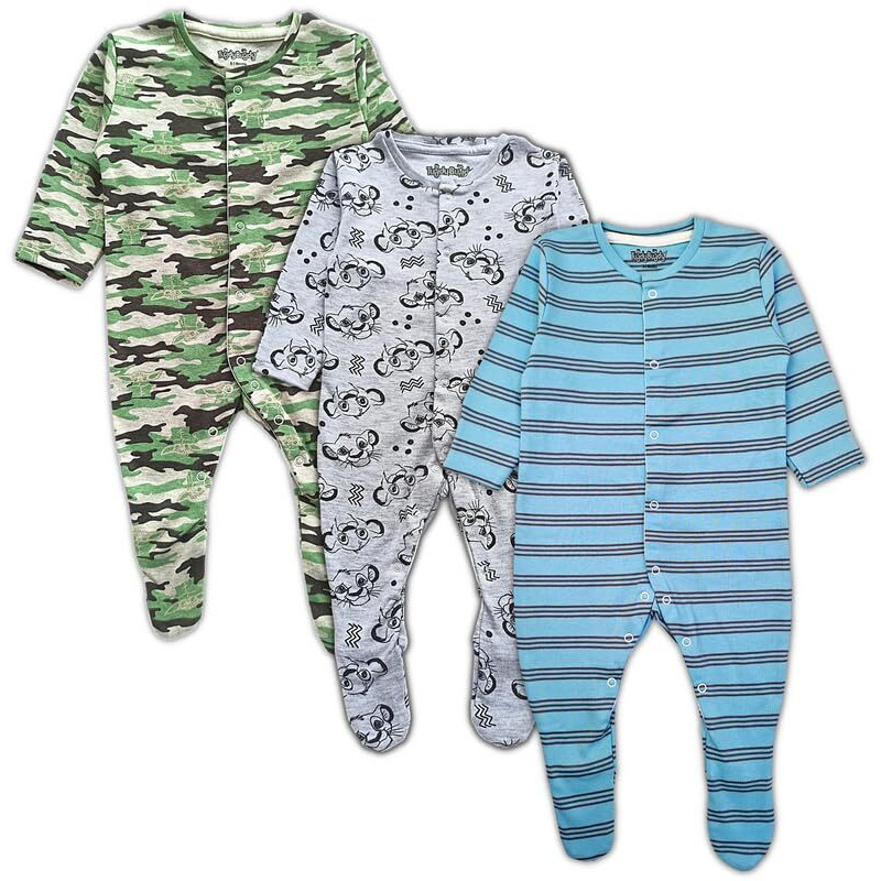 TuddyBuddy 100% Organic Cotton Multi Color Sleepsuit/Onesie/Romper for Baby Boy & Baby Girl (Pack of 3 Sleepsuits - 0-3 Months Grey & Blue Stripes & Camouflage)