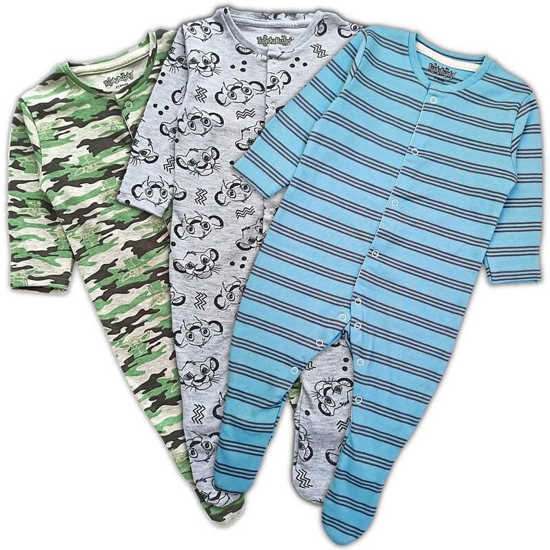 TuddyBuddy 100% Organic Cotton Multi Color Sleepsuit/Onesie/Romper for Baby Boy & Baby Girl (Pack of 3 Sleepsuits - 0-3 Months Grey & Blue Stripes & Camouflage)