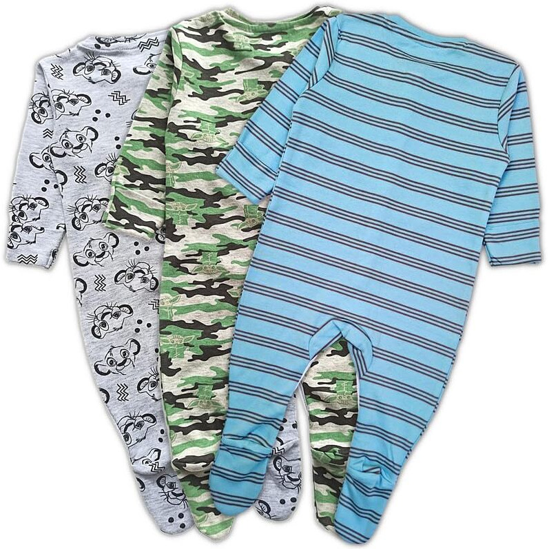 TuddyBuddy 100% Organic Cotton Multi Color Sleepsuit/Onesie/Romper for Baby Boy & Baby Girl (Pack of 3 Sleepsuits - 0-3 Months Grey & Blue Stripes & Camouflage)