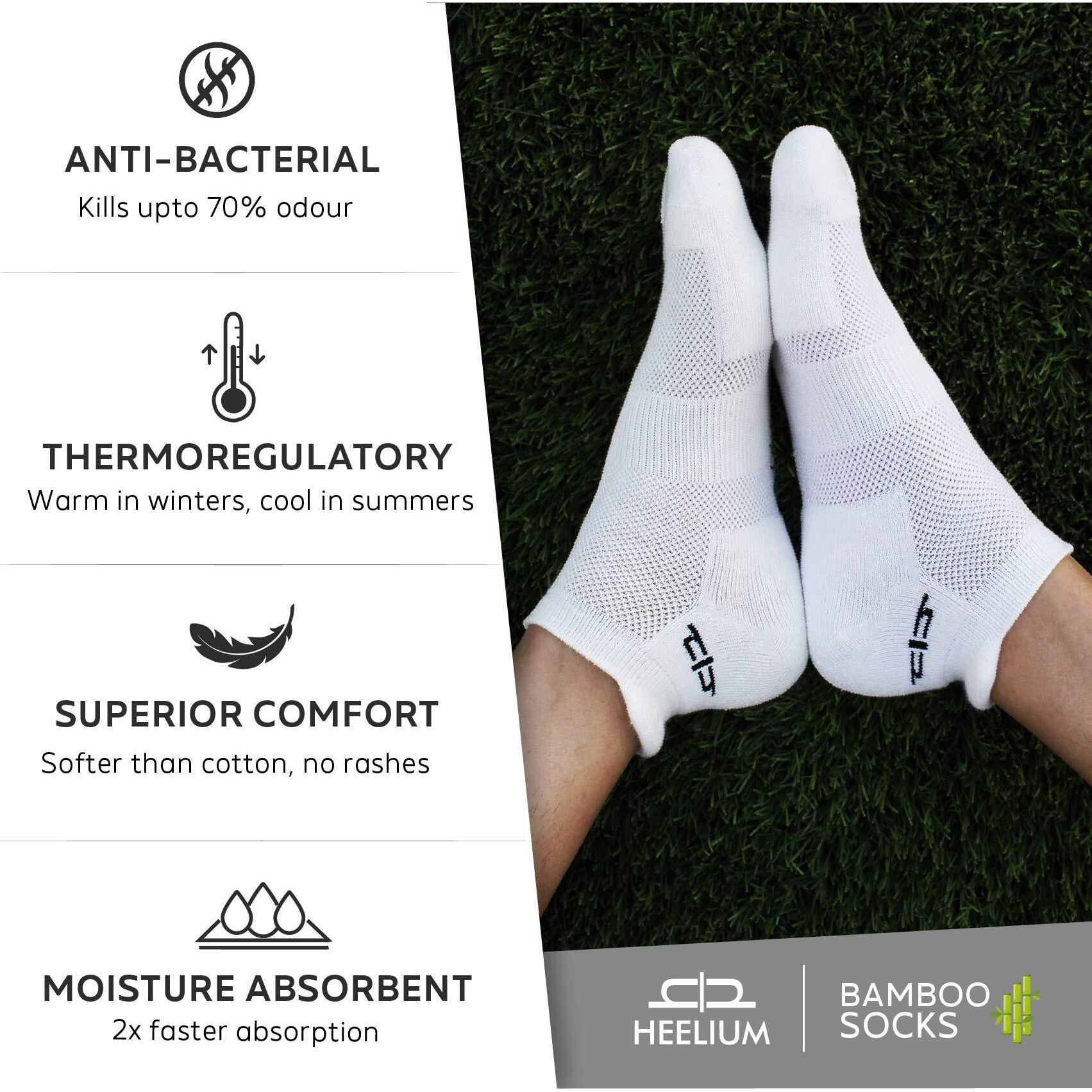 HEELIUM Bamboo Socks For Women Ankle Length Anti-Odour & Breathable Padded Base & Anti-Bacterial Softer Than Cotton Made In India White