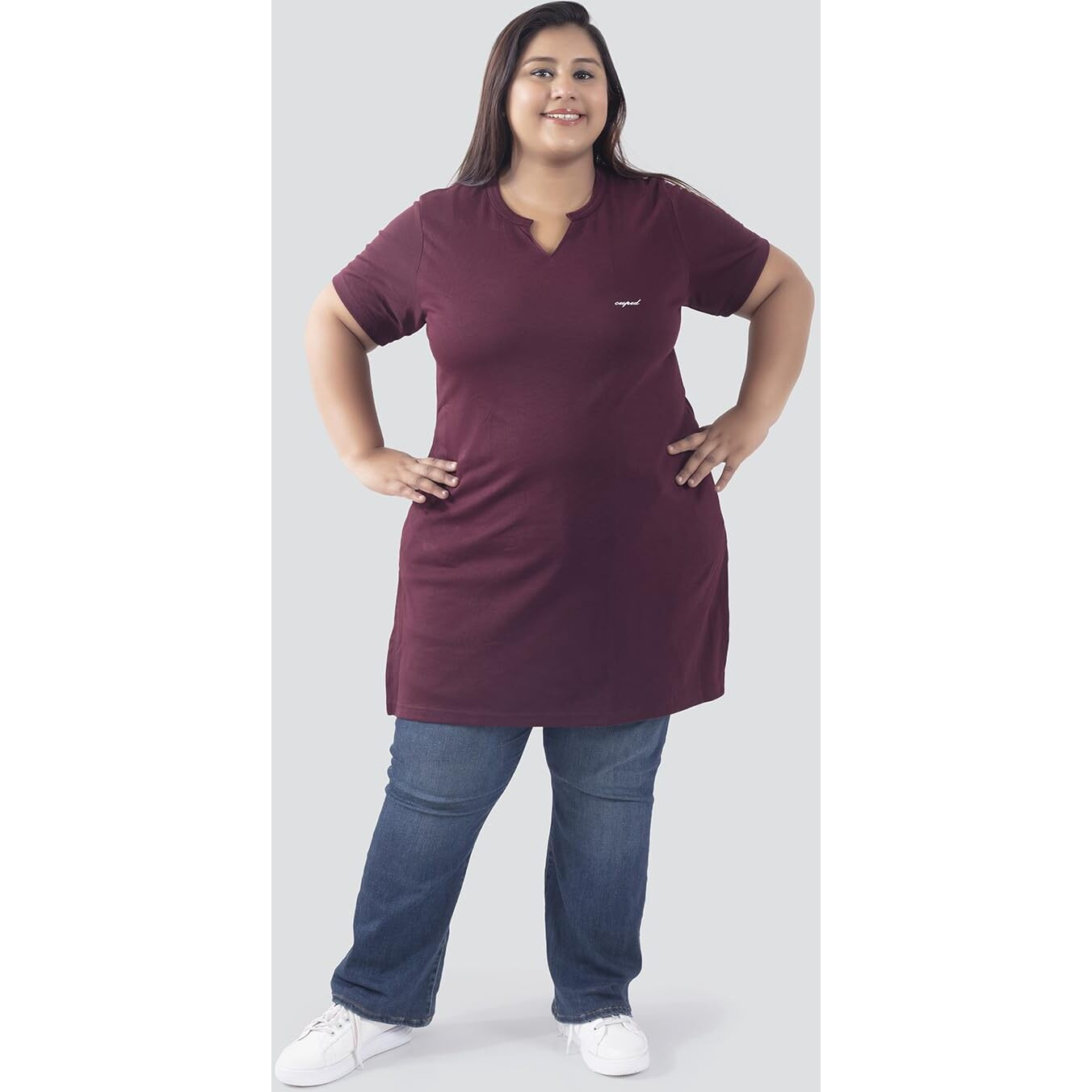 CUPID Womens Cotton Plus Size Plain Half Sleeves Long Top for Summer and Semi Summers with One Side Pocket for Ladies Solid T Shirt_ Wine_7XL