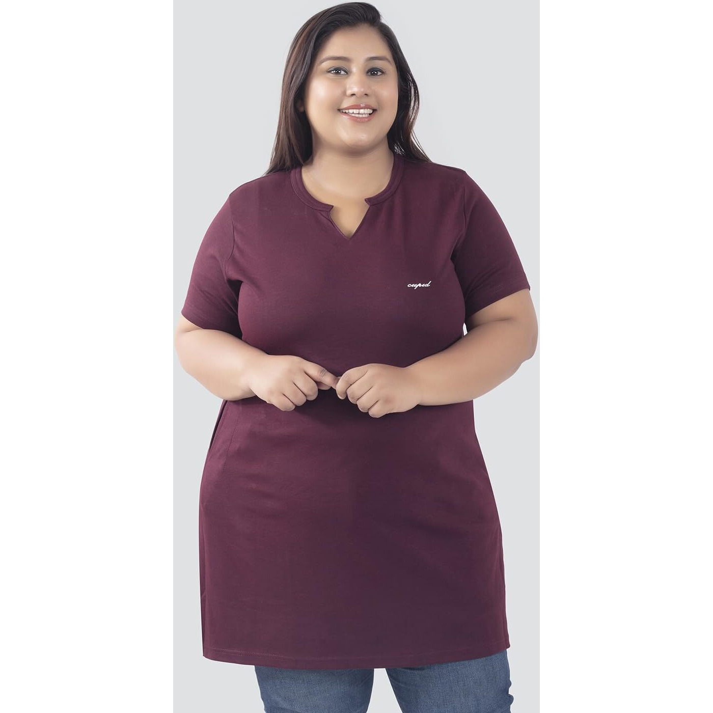 CUPID Womens Cotton Plus Size Plain Half Sleeves Long Top for Summer and Semi Summers with One Side Pocket for Ladies Solid T Shirt_ Wine_7XL