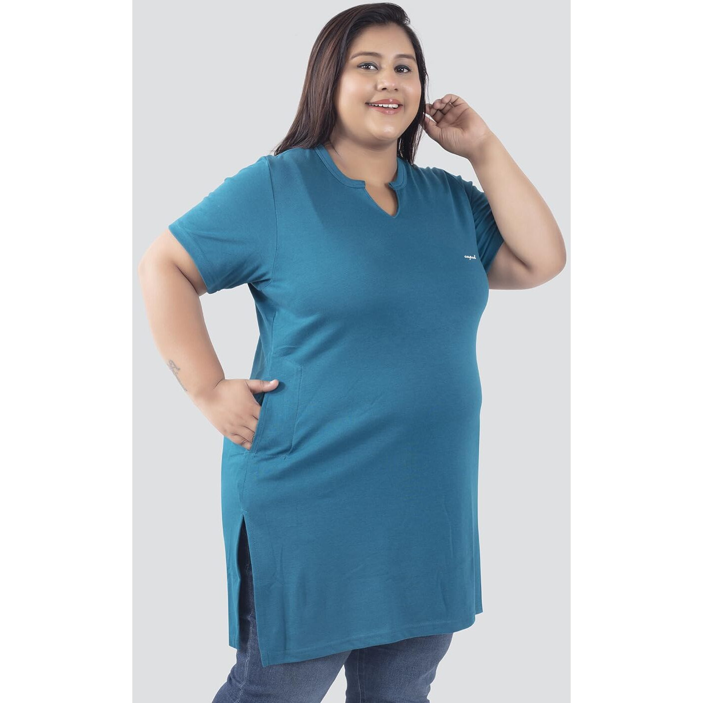 CUPID Womens Cotton Plus Size Plain Half Sleeves Long Top for Summer and Semi Summers with One Side Pocket for Ladies Solid T Shirt_Teal Blue_7XL