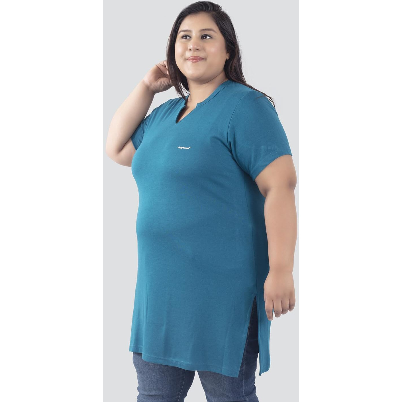 CUPID Womens Cotton Plus Size Plain Half Sleeves Long Top for Summer and Semi Summers with One Side Pocket for Ladies Solid T Shirt_Teal Blue_7XL