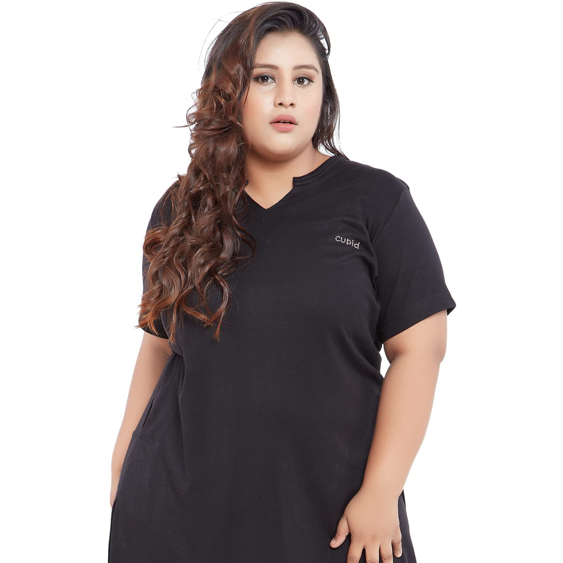 CUPID Womens Cotton Plus Size Plain Half Sleeves Long Top for Summer and Semi Summers with One Side Pocket for Ladies Solid T Shirt_Black_7XL