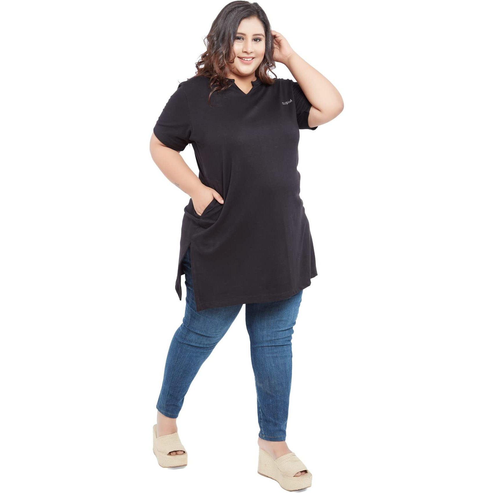 CUPID Womens Cotton Plus Size Plain Half Sleeves Long Top for Summer and Semi Summers with One Side Pocket for Ladies Solid T Shirt_Black_7XL