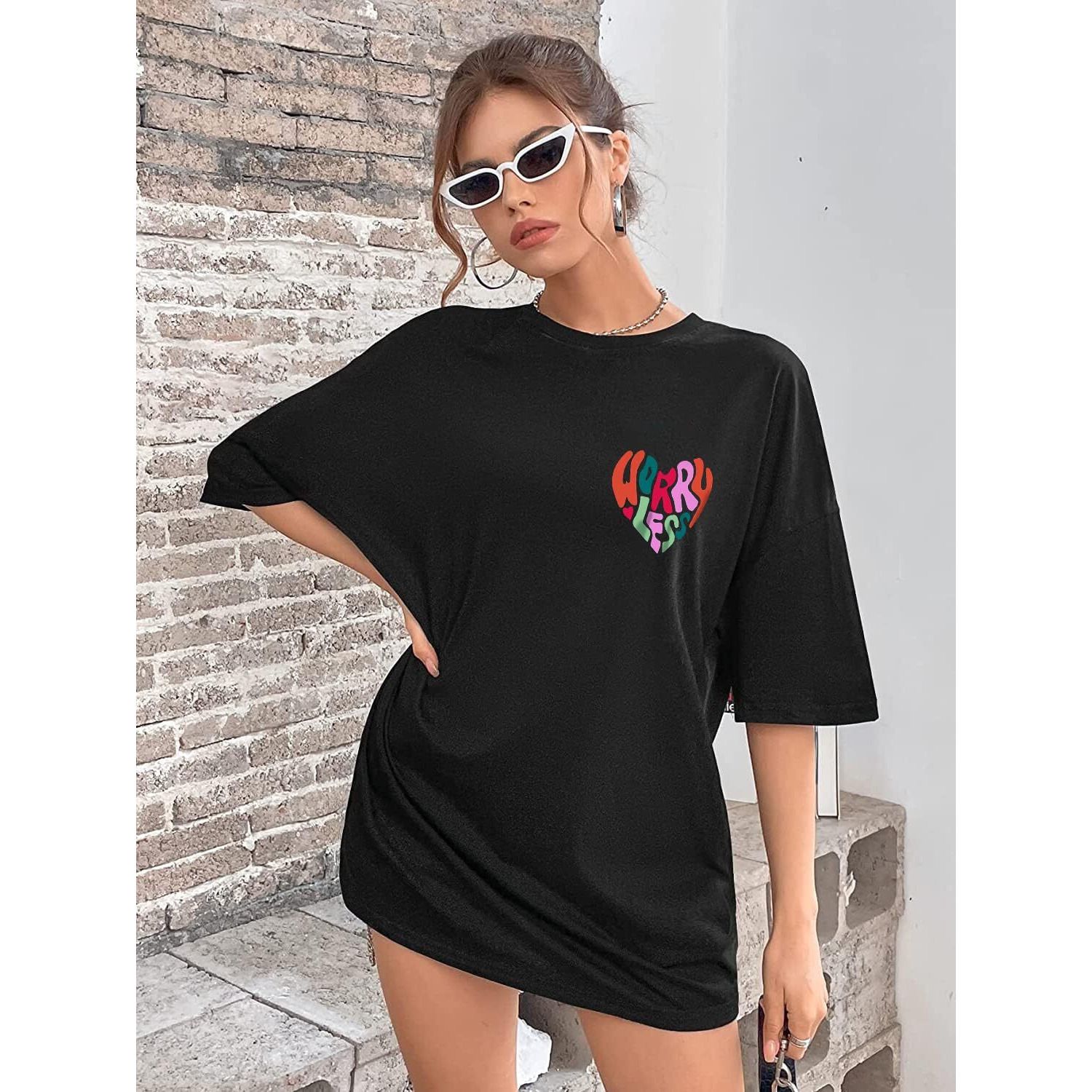 DENIMHOLIC Cotton Half Sleeve Printed Oversized t Shirts for Women Loose t Shirts for Women Baggy t Shirt for Women Graphic Tshirt for Women Oversize (XX-Large Black)