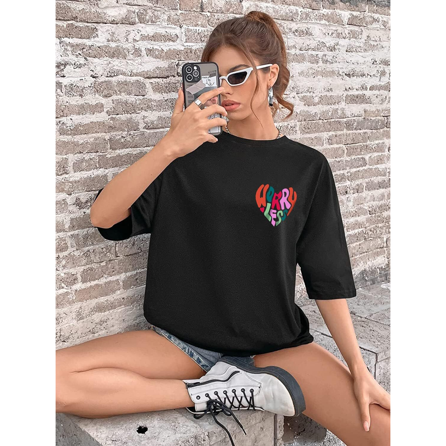 DENIMHOLIC Cotton Half Sleeve Printed Oversized t Shirts for Women Loose t Shirts for Women Baggy t Shirt for Women Graphic Tshirt for Women Oversize (XX-Large Black)