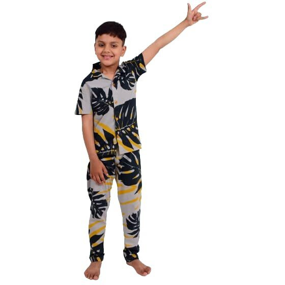 3BROS Unisex Pure Cotton Short Sleeve Kids Night Dress for Boys & Girls Nightwear/Sleepsuit/Sleepwear/Loungewear Night Suit for Boys and Girls Top and Pyjama Combo Set | Multicolor 5| 18-24 Months