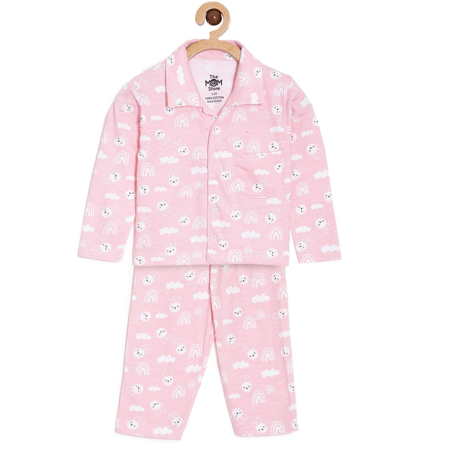 The Mom Store Baby Pajama Set | 100% Cotton | Nightwear | Sleepwear for Newborn and for Infant | Soft | Comfortable | Cutey Bunny Print | for Boys and Girls| 0-6 Months |Pink |