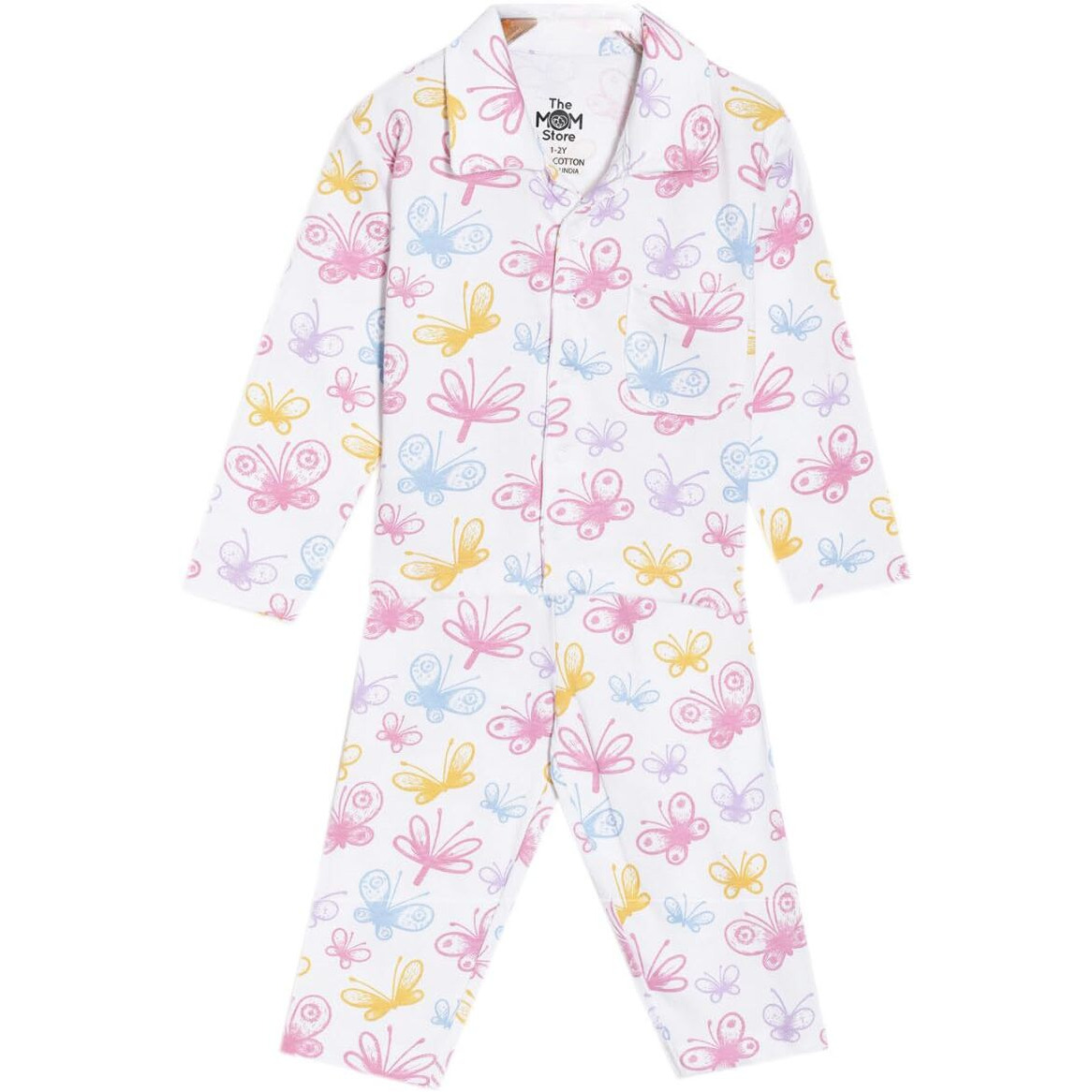 The Mom Store Baby Pajama Set | 100% Cotton | Nightwear | Sleepwear for Newborn and for Infant | Soft | Comfortable |Spring Wings | for Boys and Girls| 1-2 Years | White |