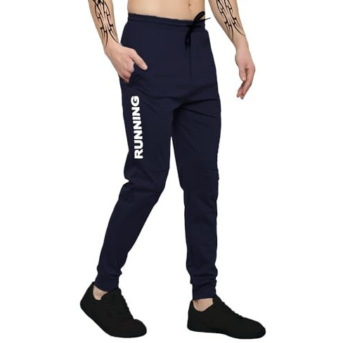 LookMark Mens Solid Lycra Blend Lounge Wear Trendy Track Pant with Pockets Ideal for Night Day or Casual Wear (AZ-LM-OG-Trackpant 06 Navy Blue-M)