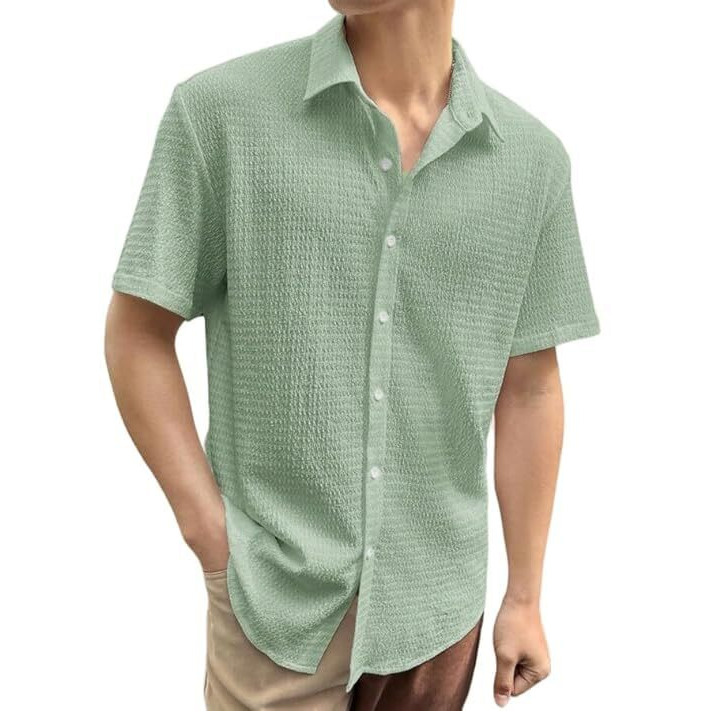 IndoPrimo Mens Regular Fit Self Design Spread Collar Casual Half Sleeve Shirt - Pop (Medium Green)