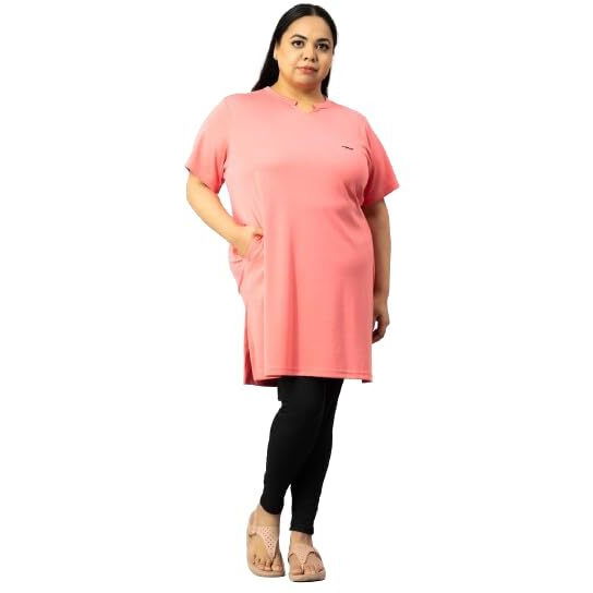 CUPID Womens Cotton Plus Size Plain Half Sleeves Long Top for Summer and Semi Summers with One Side Pocket for Ladies Solid T Shirt_ Pink_4XL