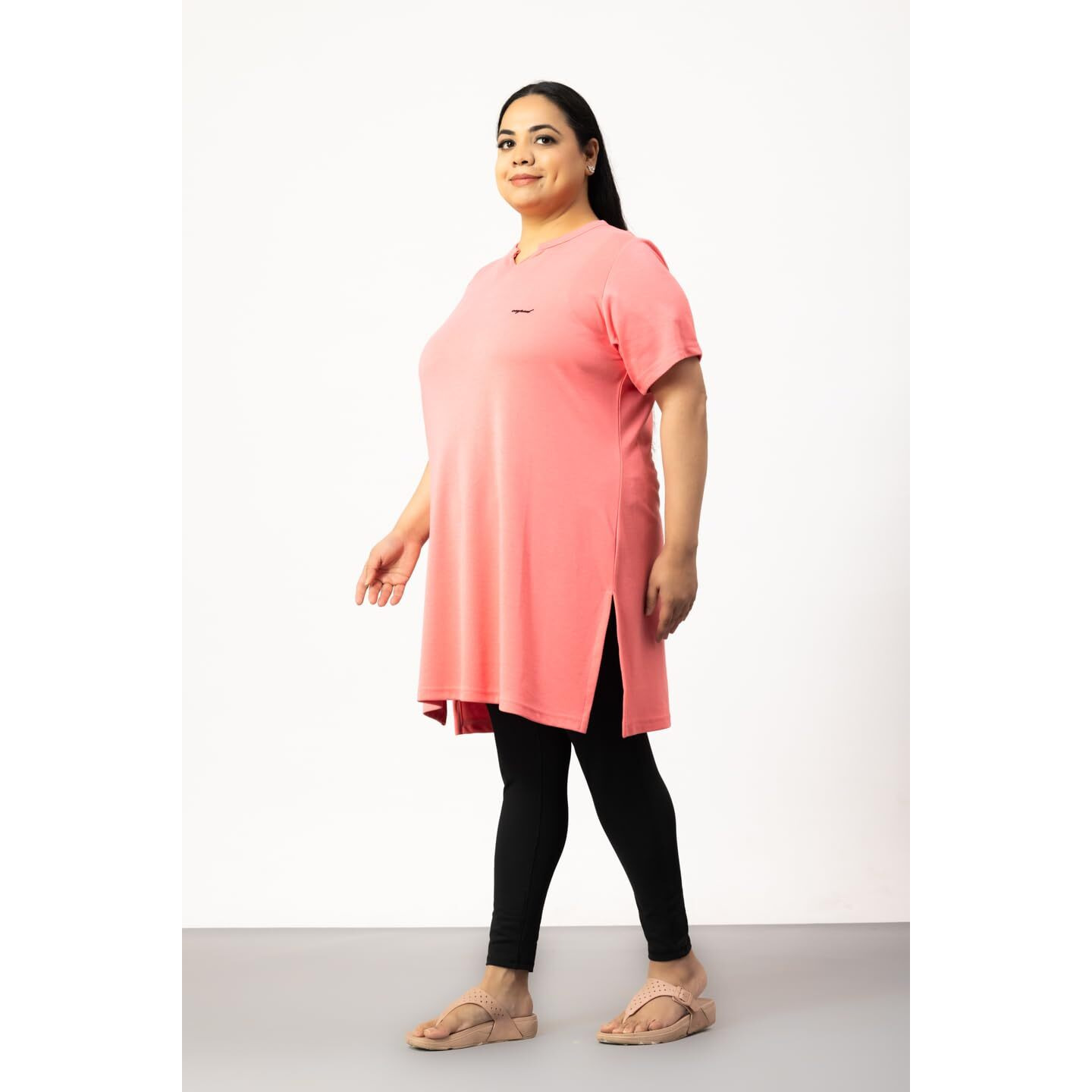 CUPID Womens Cotton Plus Size Plain Half Sleeves Long Top for Summer and Semi Summers with One Side Pocket for Ladies Solid T Shirt_ Pink_4XL