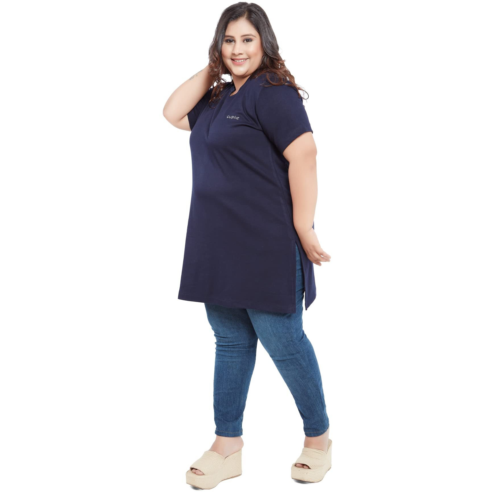 CUPID Womens Cotton Plus Size Plain Half Sleeves Long Top for Summer and Semi Summers with One Side Pocket for Ladies Solid T Shirt_Navy Blue Top_5XL