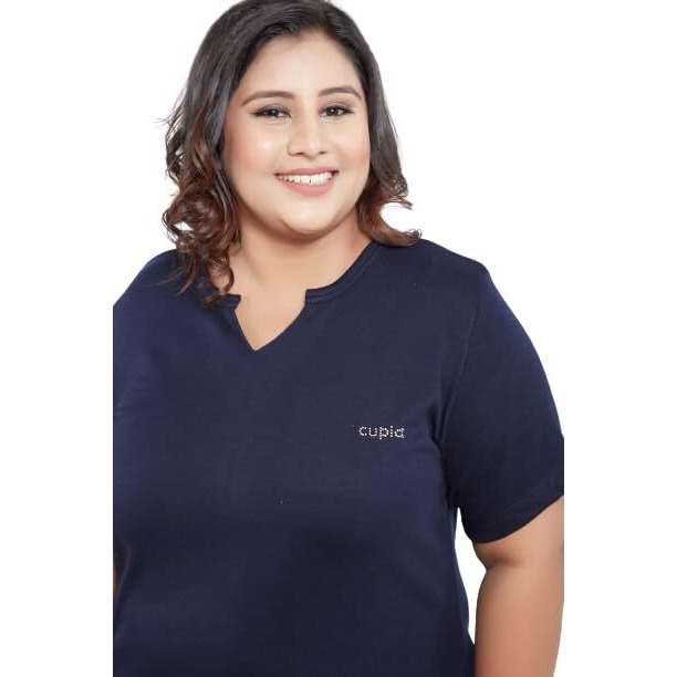 CUPID Womens Cotton Plus Size Plain Half Sleeves Long Top for Summer and Semi Summers with One Side Pocket for Ladies Solid T Shirt_Navy Blue Top_5XL