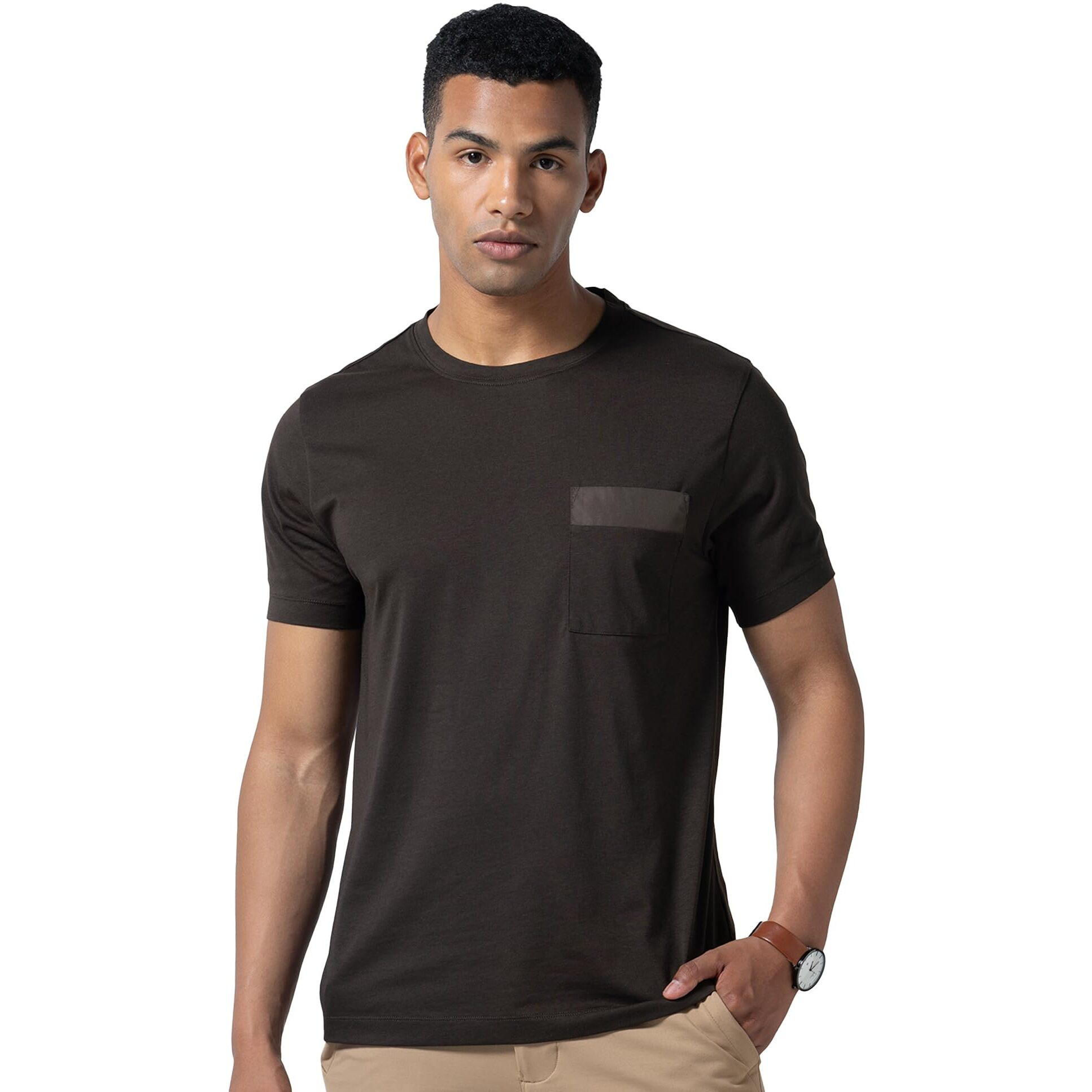 DAMENSCH Regular Fit Half Sleeve Premium Cotton Blend Solid Patch Pocket Lightweight Durable Casual Wear Lounge Wear Elemental Tshirt with Pocket for Men-Black Coffee-S