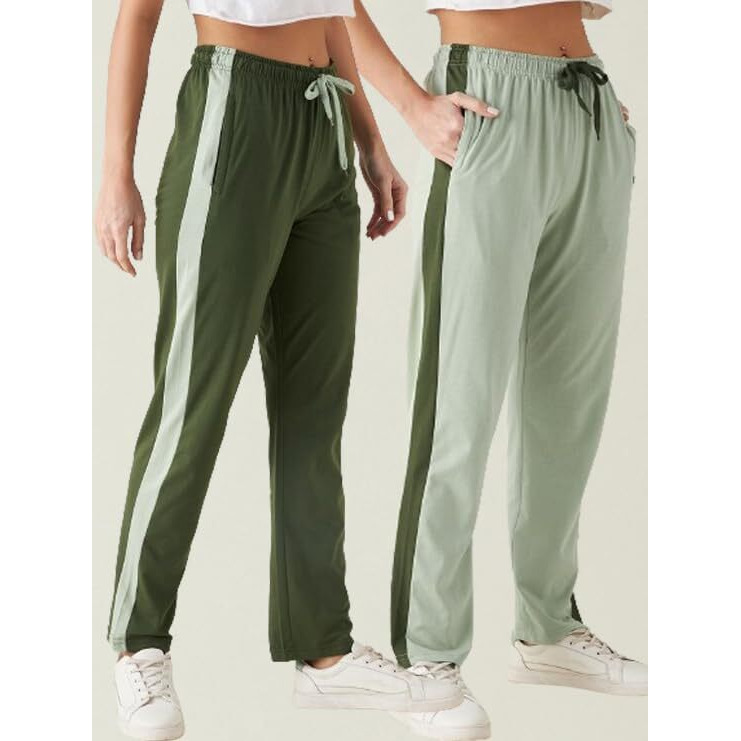 Modeve Womens Olive and Pista Regular Fit Striped with Side Pockets Cotton Track Pants for Summer (L)