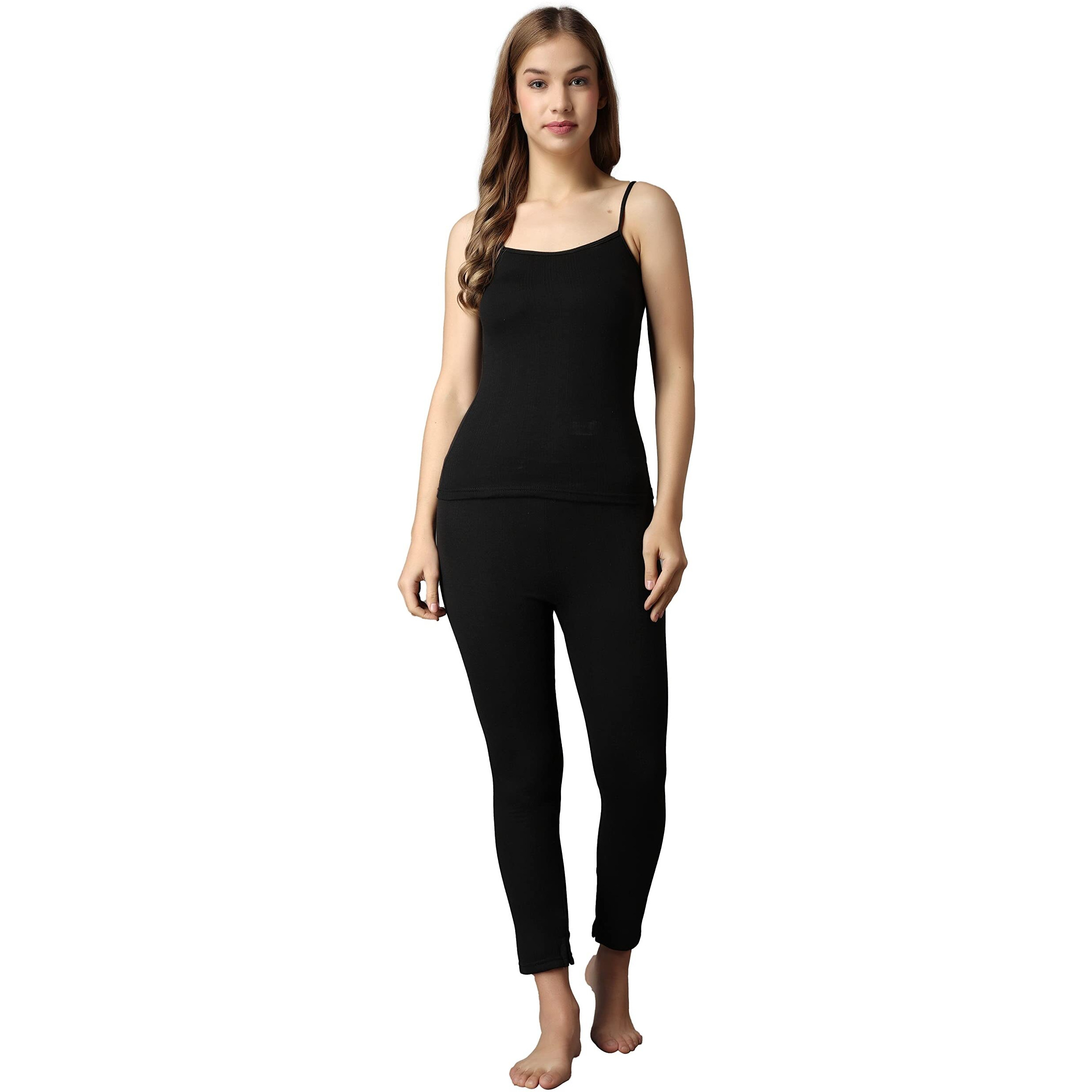 Wearslim Womens Cotton Quilted Winter Lightweight Thermal Underwear Long Johns Bottom and Spaghetti Set with Fleece Lined Soft Warmer - Zed Black (Size - 4XL)