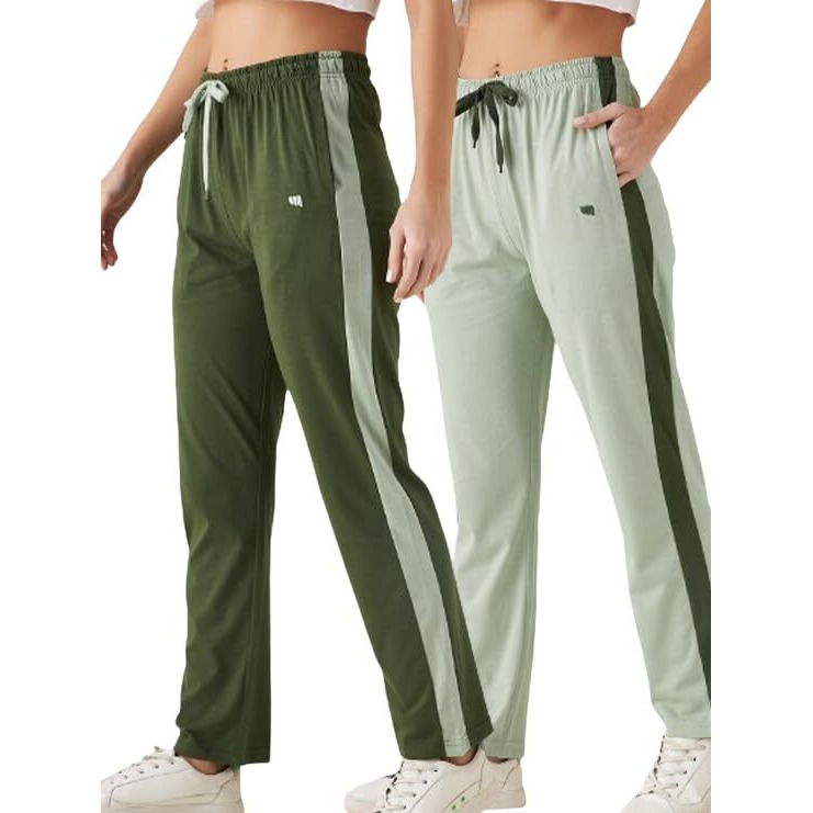 Modeve Womens Olive and Pista Regular Fit Striped with Side Pockets Cotton Track Pants for Summer (M)