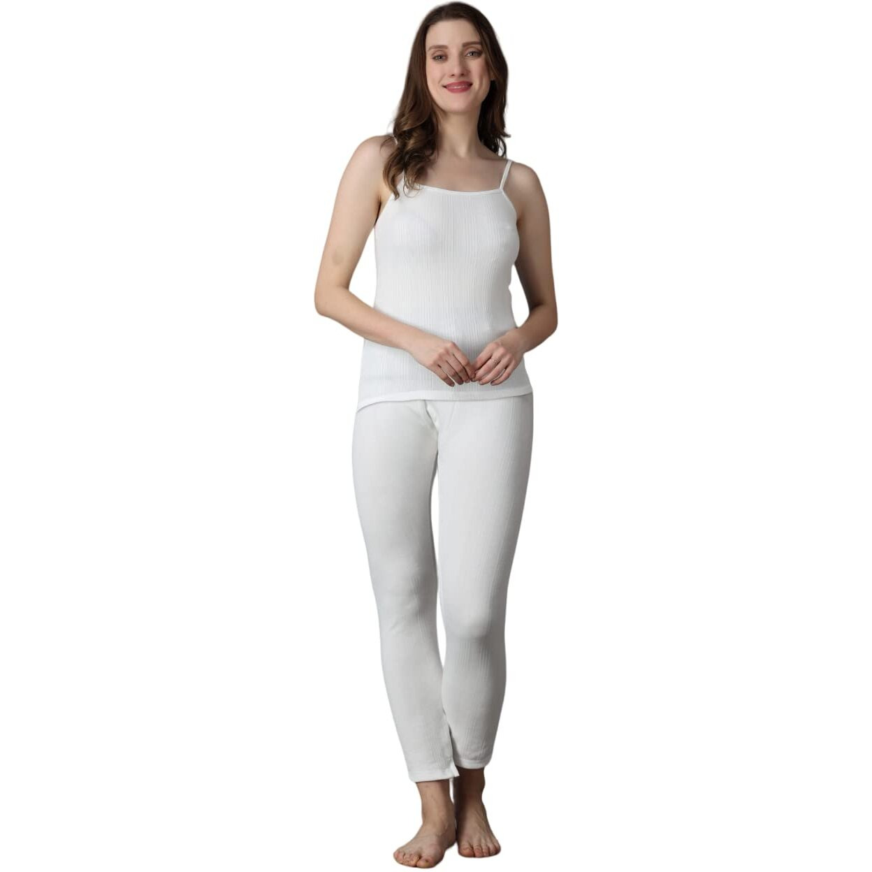 Wearslim Womens Cotton Quilted Winter Lightweight Thermal Underwear for Women Long Johns Bottom and Spaghetti Set with Fleece Lined Soft Warmer Color - White (Size - 2XL)